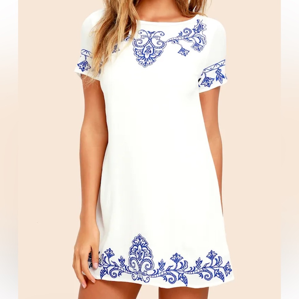 Lulu’s White and Blue A Tale to Tell Dress